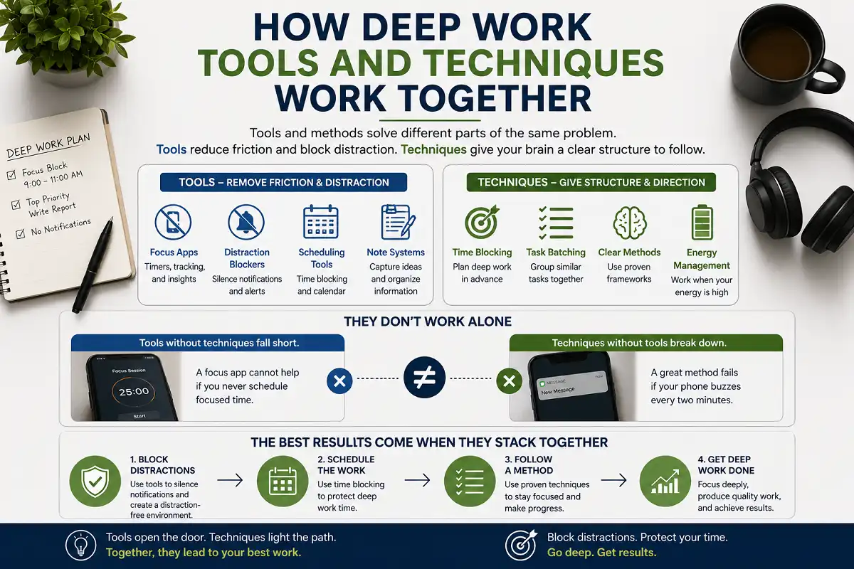 Infographic showing how deep work tools and techniques work together by blocking distractions, scheduling focused time, following structured methods, and improving productivity.