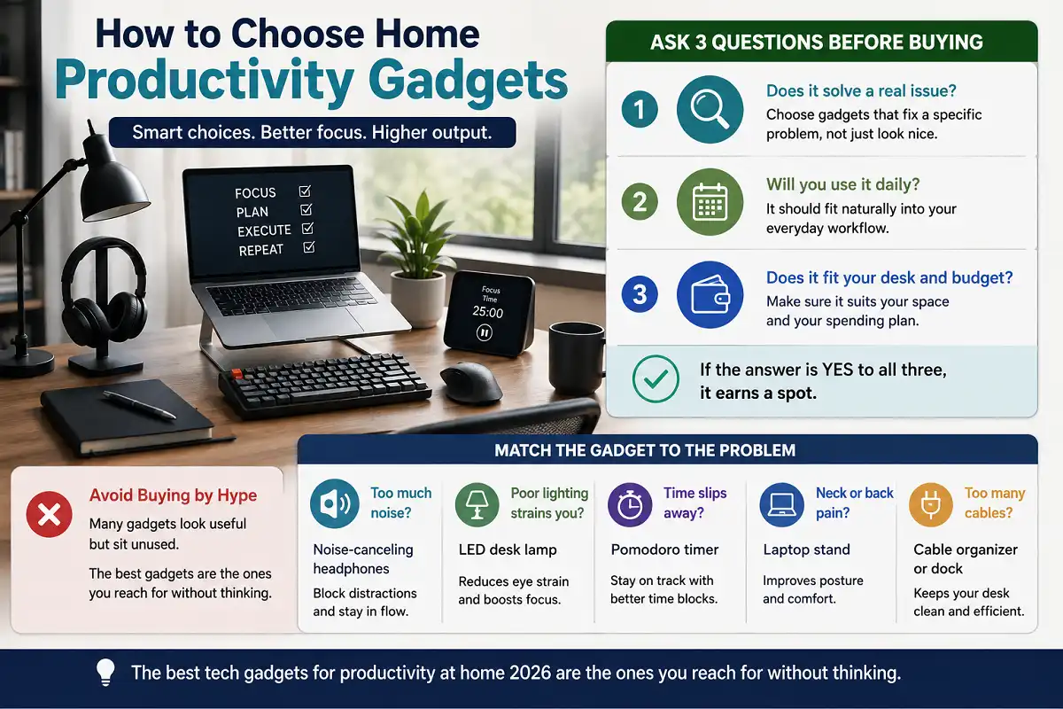 Infographic showing how to choose home productivity gadgets based on daily problems, daily use, desk space, budget, and practical productivity needs.