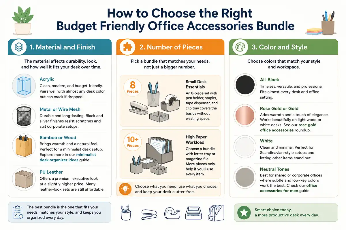 How to Choose the Right Budget Friendly Office Accessories Bundle Infographic comparing office accessory bundle materials, piece counts, and color styles, including acrylic, metal mesh, bamboo, PU leather, all-black, rose gold, white, and neutral options.