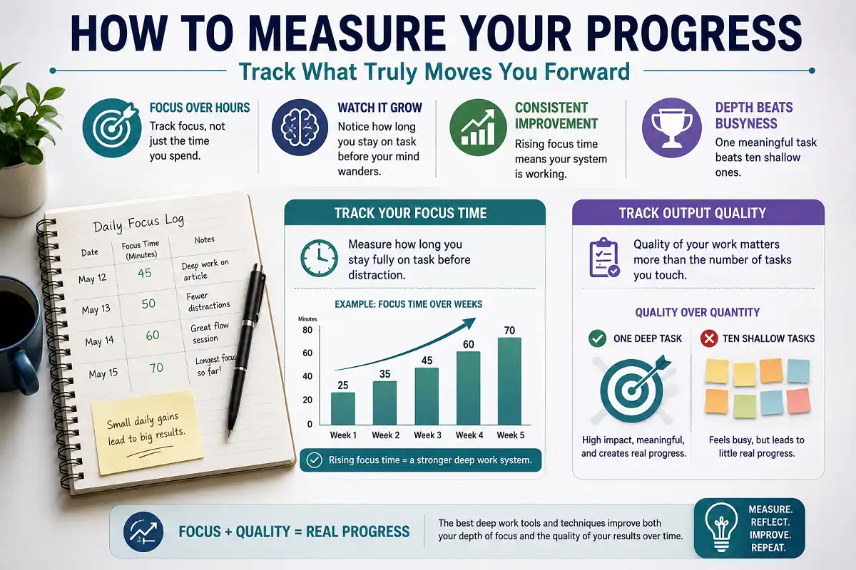 Infographic showing how to measure deep work progress by tracking focus time, monitoring attention growth, improving consistently, and prioritizing meaningful work quality over the number of tasks completed.