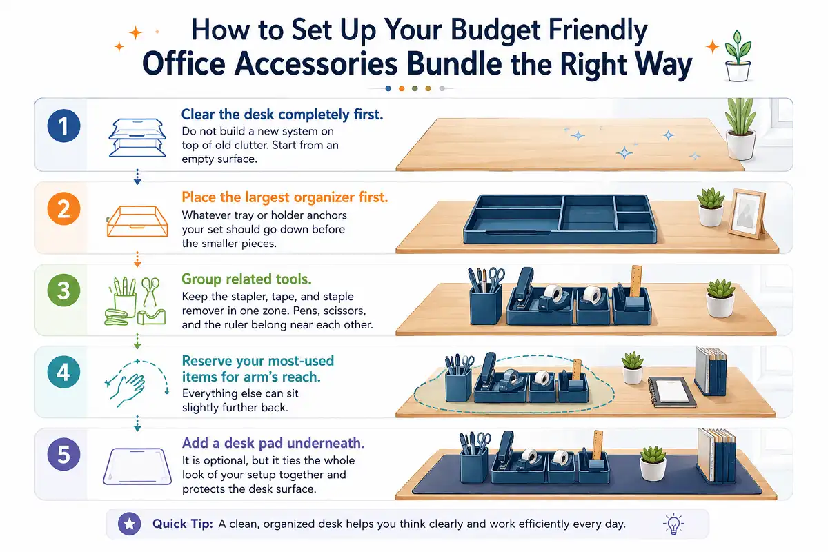 How to Set Up Your Budget Friendly Office Accessories Bundle Infographic showing five steps for setting up a budget friendly office accessories bundle, from clearing the desk and placing the largest organizer to grouping tools, keeping frequently used items within reach, and adding a desk pad.