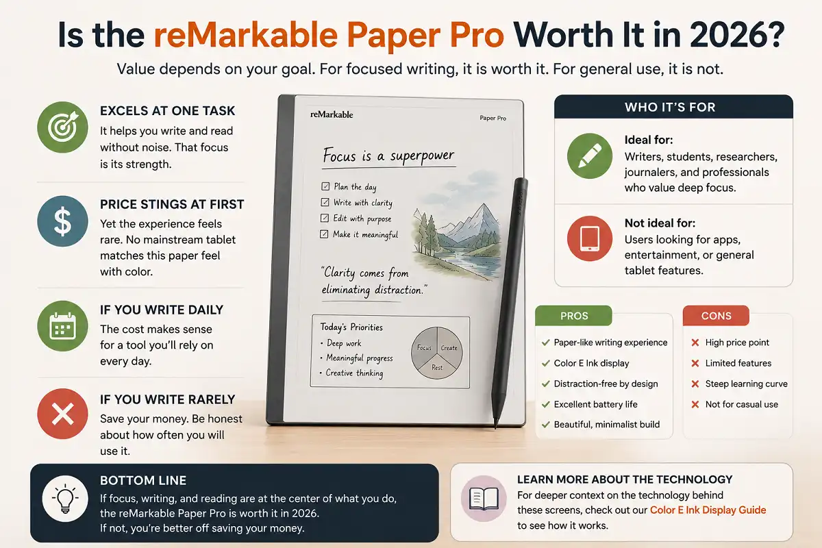 Infographic reviewing whether the reMarkable Paper Pro is worth buying in 2026, highlighting its distraction-free writing experience, color E Ink display, paper-like feel, long battery life, ideal users, key pros and cons, and guidance that it offers the best value for people who write and read daily rather than those seeking a general-purpose tablet.