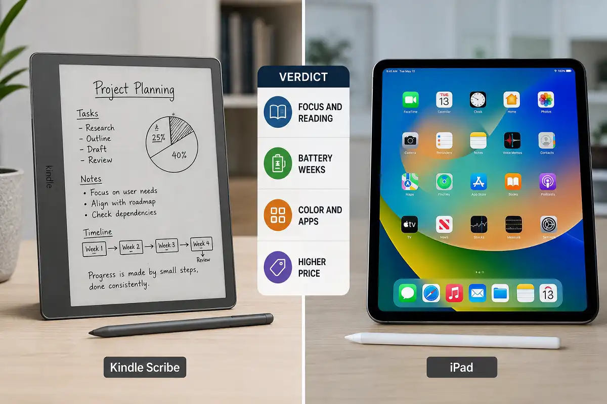 Kindle Scribe vs iPad comparison showing E Ink notes beside a color iPad with a verdict infographic