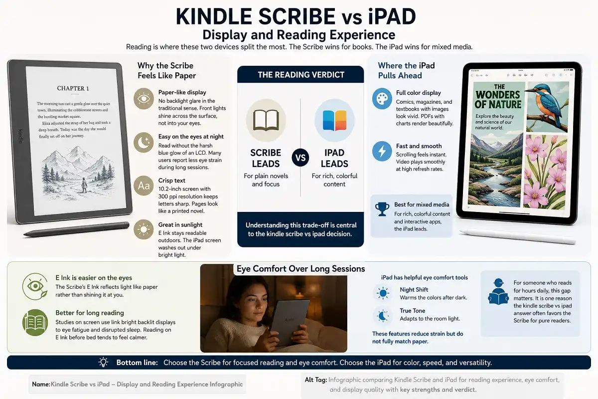 Infographic comparing Kindle Scribe and iPad display and reading experiences, highlighting paper-like E Ink, eye comfort, sunlight readability, full-color media, speed, and overall reading verdict.