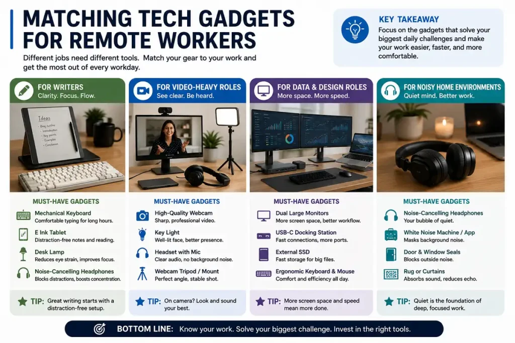 Infographic showing the best tech gadgets for different remote work roles. It highlights mechanical keyboards and E Ink tablets for writers, webcams, key lights, and headsets for video professionals, dual monitors and docking stations for data and design work, and noise-canceling headphones for people working in noisy home environments. The visual emphasizes matching productivity tools to daily work needs.