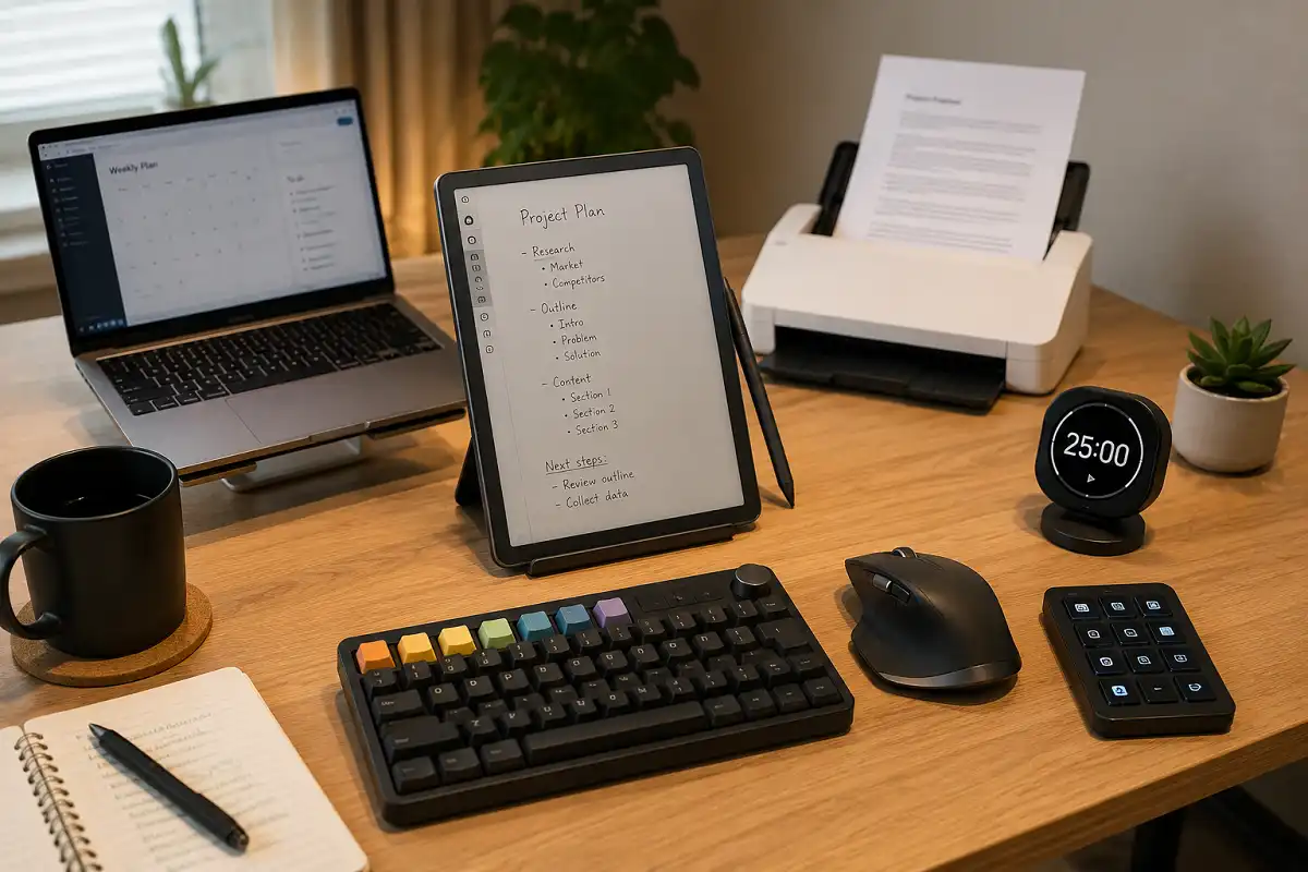 Modern home office desk with an e-ink note-taking tablet, programmable keyboard, wireless mouse, document scanner, task timer, and laptop for productivity and digital note-taking.