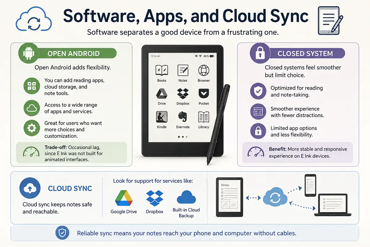 Infographic comparing open Android and closed systems on E Ink tablets, highlighting app flexibility, performance trade-offs, cloud sync, and access to notes across phones and computers.
