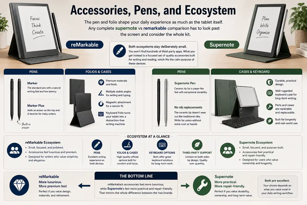 Infographic comparing Supernote and reMarkable accessories, pens, folios, keyboard cases, and ecosystem features, highlighting reMarkable's premium Marker Plus and luxury accessories versus Supernote's ceramic-tip pen, practical keyboard case, repair-friendly design, and long-term ownership value.