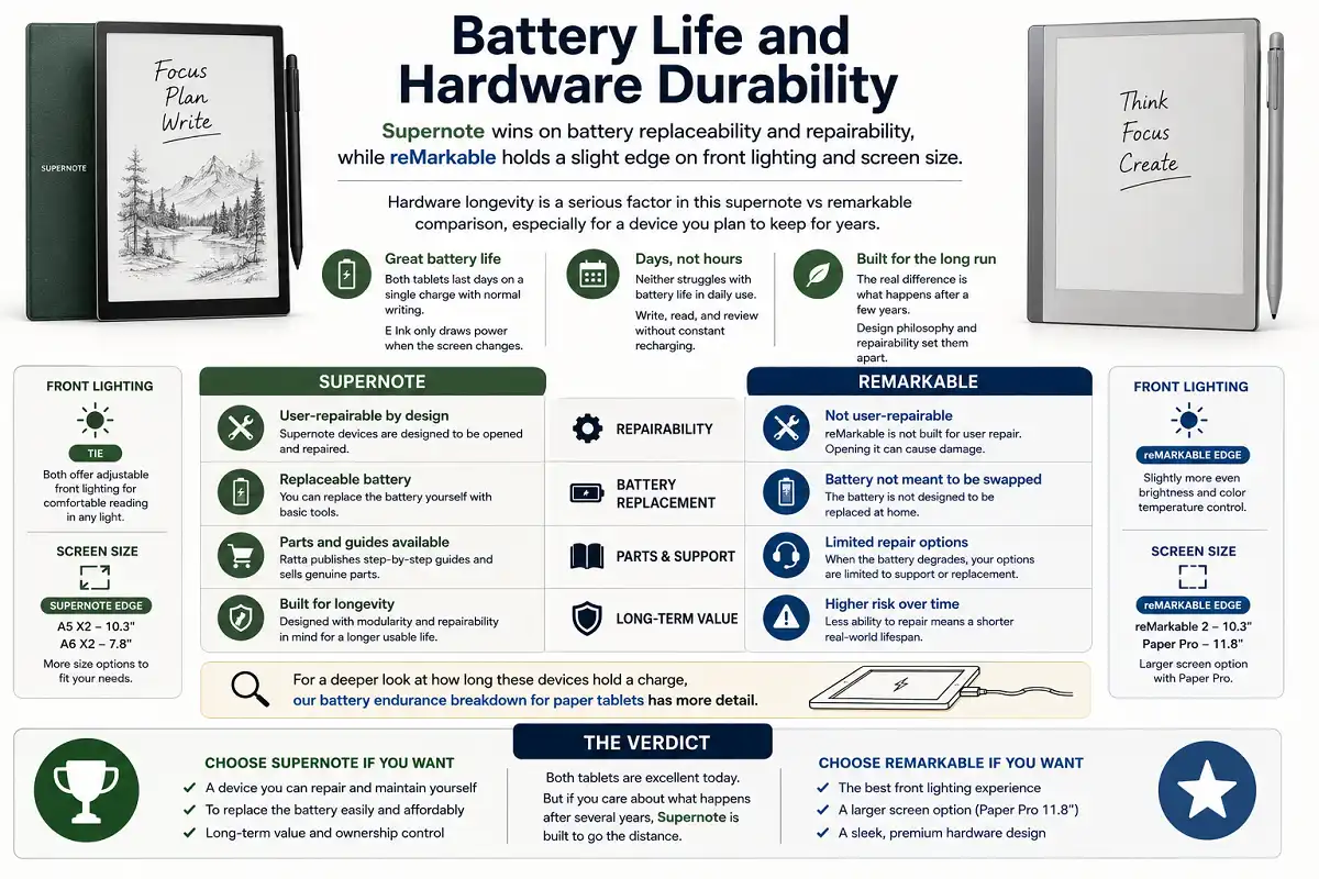 Infographic comparing Supernote and reMarkable battery life and hardware durability, highlighting long battery life on both devices, Supernote's user-replaceable battery and repairable design, and reMarkable's premium hardware, larger screen options, and non-repairable construction.