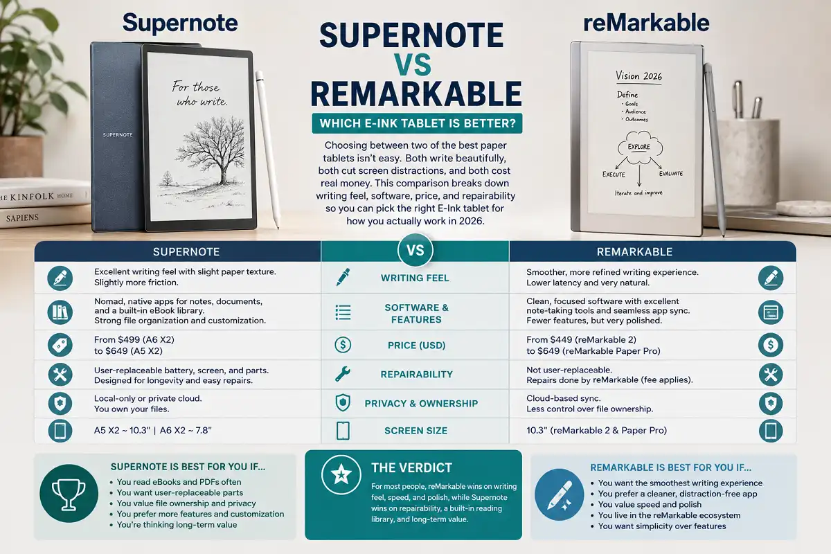 supernote vs remarkable comparison shown on two E-Ink tablets side by side