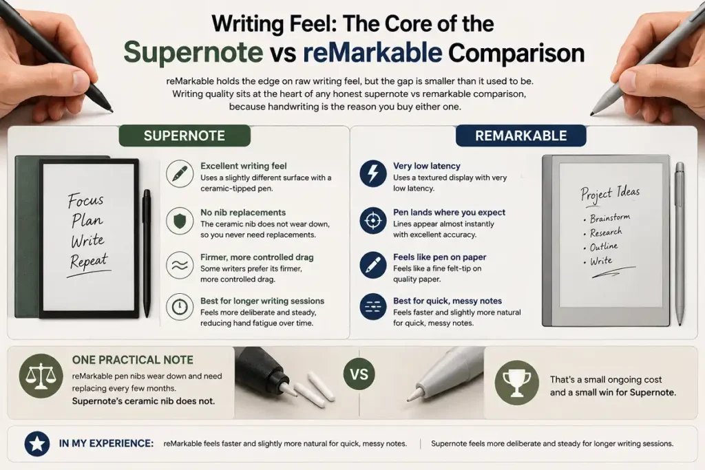 Side-by-side infographic comparing the writing feel of Supernote and reMarkable E-Ink tablets, highlighting reMarkable's low-latency paper-like experience and Supernote's ceramic nib, controlled writing feel, and maintenance-free pen for longer writing sessions.
