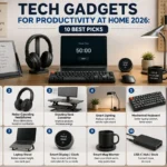 Tech gadgets for productivity at home 2026 including an E Ink tablet, noise-canceling headphones, standing desk converter, smart lighting, mechanical keyboard, ergonomic mouse, laptop stand, smart display, mug warmer, and USB-C hub.