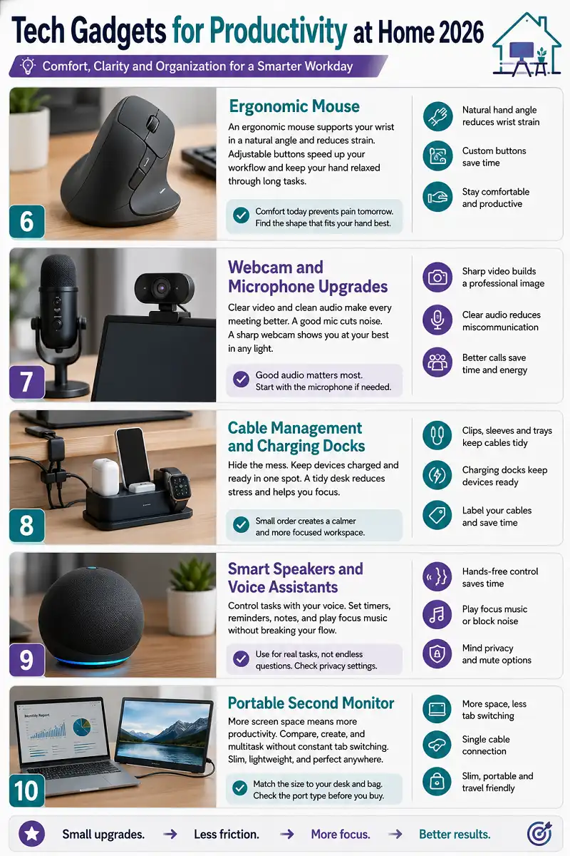 Vertical infographic showing five productivity gadgets for home in 2026: ergonomic mouse, webcam and microphone, cable management and charging dock, smart speaker with voice assistant, and portable second monitor.