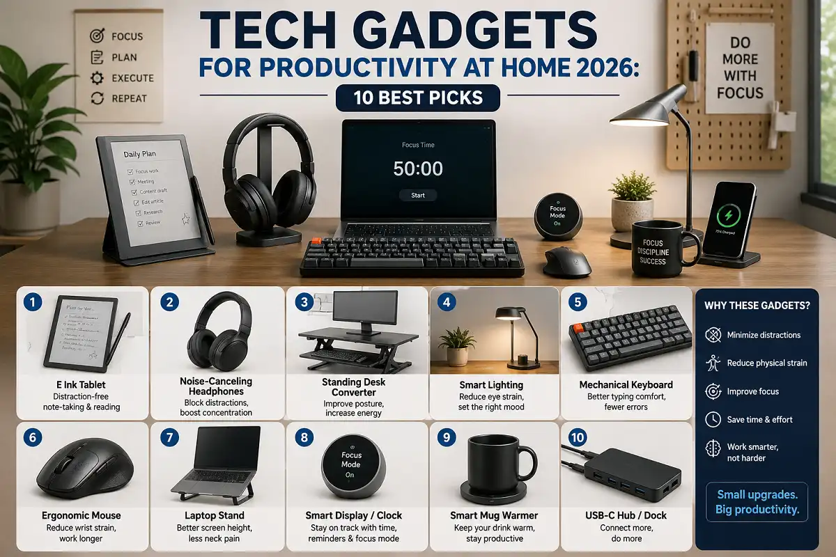 Tech gadgets for productivity at home 2026 including an E Ink tablet, noise-canceling headphones, standing desk converter, smart lighting, mechanical keyboard, ergonomic mouse, laptop stand, smart display, mug warmer, and USB-C hub.