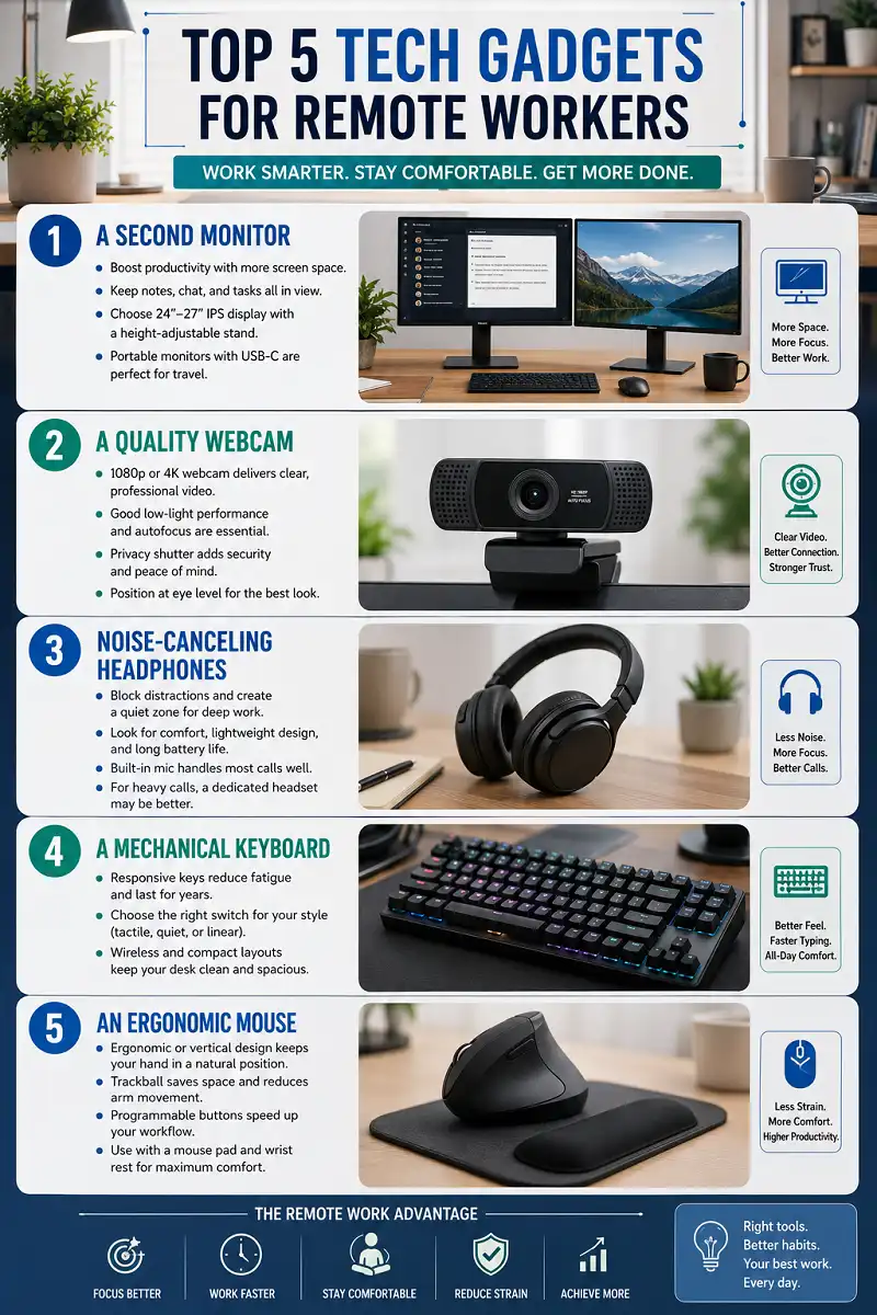 Vertical infographic highlighting the top five tech gadgets for remote workers in 2026, including a second monitor, quality webcam, noise-canceling headphones, mechanical keyboard, and ergonomic mouse, with numbered sections, realistic product images, and productivity-focused tips in a modern home office design.