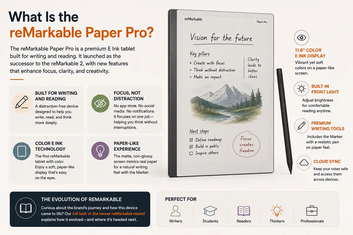 Infographic explaining the reMarkable Paper Pro, a premium color E Ink tablet designed for distraction-free writing and reading. It highlights the paper-like display, built-in front light, matte screen, cloud sync, premium writing tools, and its focus on note-taking, document reading, and deep thinking rather than general tablet apps.