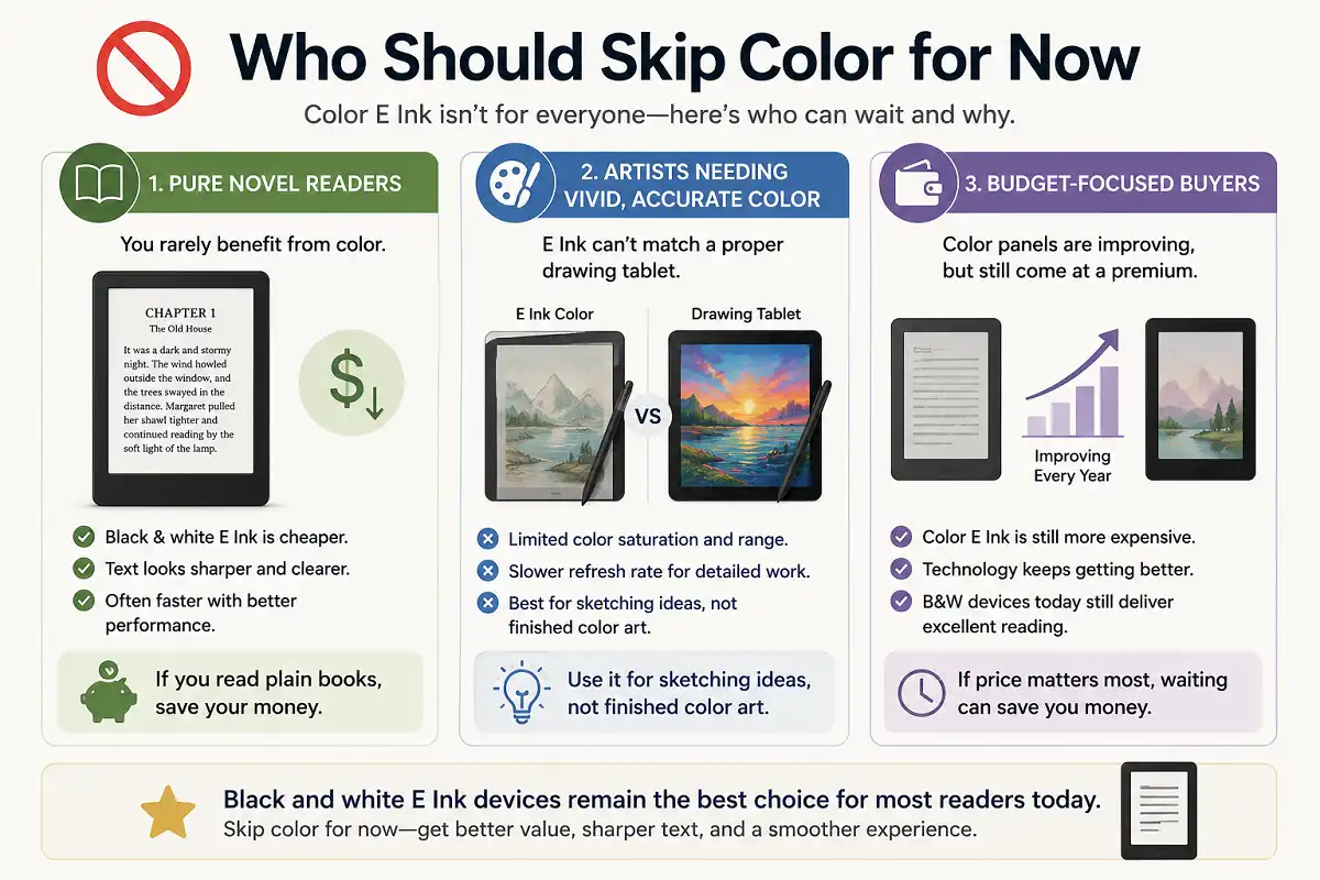 Infographic showing why pure novel readers, artists needing vivid accurate color, and budget-focused buyers may prefer black-and-white E Ink instead of color E Ink.