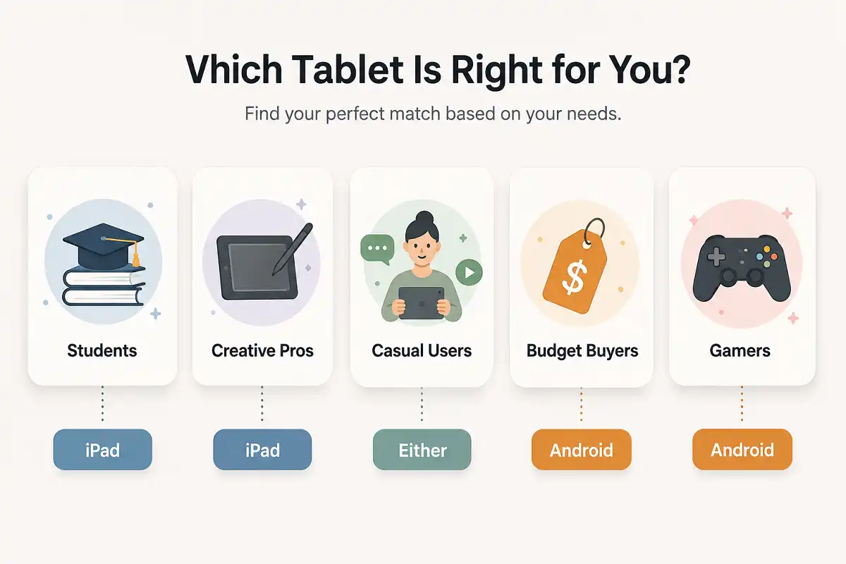 Android tablet vs iPad comparison showing best pick by use case for students, creatives, and budget buyers