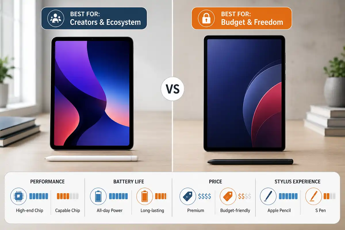 Android tablet vs iPad comparison showing iPad best for creators and Android tablet best for budget