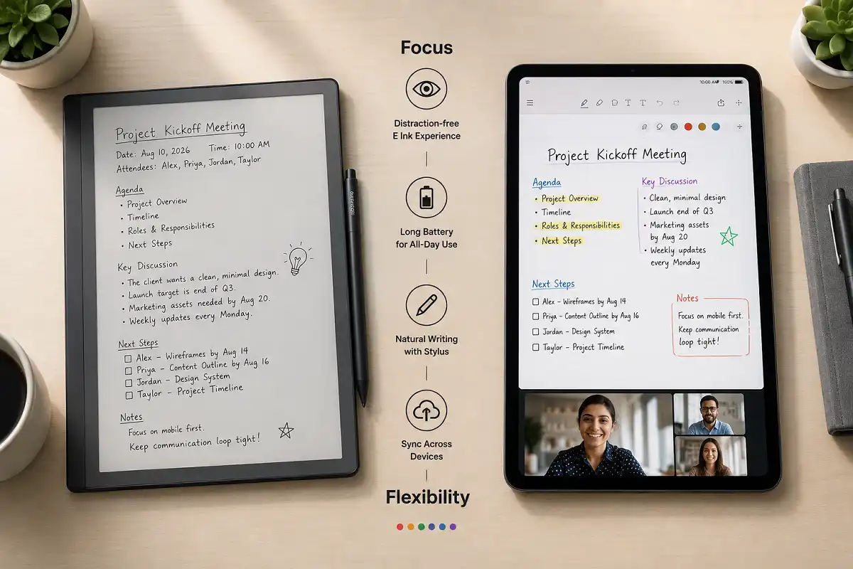 Comparison of E Ink and standard tablets used for taking meeting notes side by side on a desk
