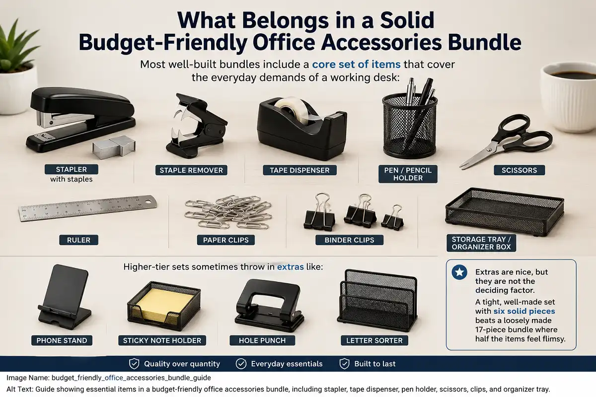 budget-friendly-office-accessories-bundle-guide Budget-friendly office accessories bundle featuring a stapler, staple remover, tape dispenser, pen holder, scissors, ruler, paper clips, binder clips, storage tray, and optional desk accessories.