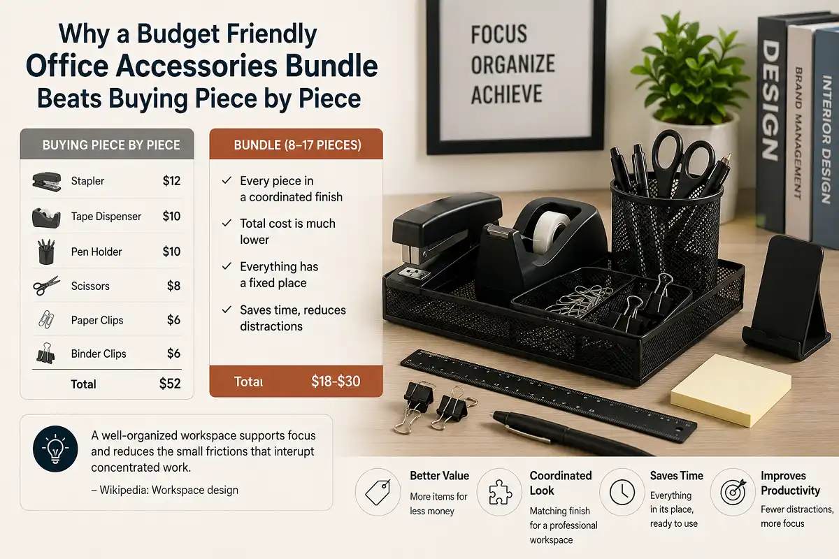 budget-friendly-office-accessories-bundle-vs-piece-by-piece Budget friendly office accessories bundle compared with buying office supplies piece by piece, showing cost savings, coordinated organization, and improved productivity