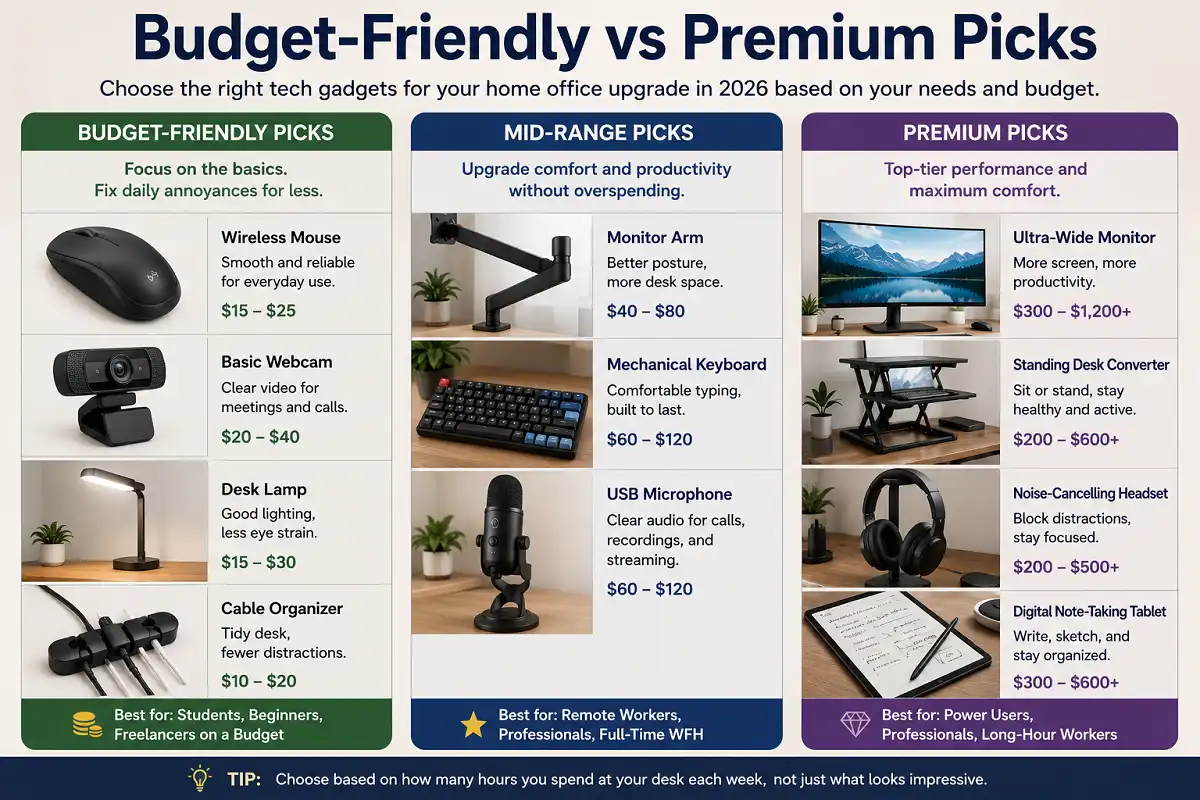 Natural home office setup comparing budget-friendly, mid-range, and premium gadgets, including a wireless mouse, webcam, desk lamp, monitor arm, mechanical keyboard, microphone, ultra-wide monitor, standing desk converter, noise-cancelling headset, and digital note-taking tablet.