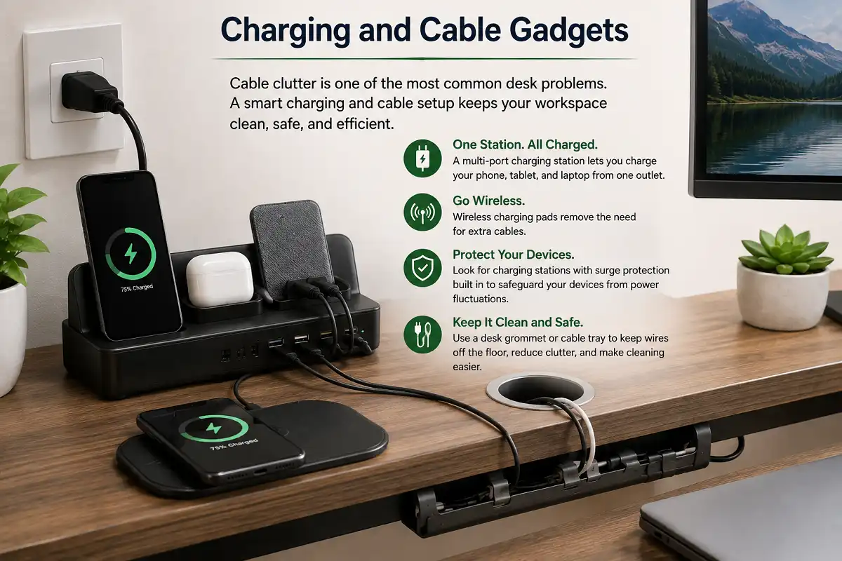 Natural home office desk with a multi-port charging station, wireless charging pad, surge protection, cable grommet, and under-desk cable tray for a clean and organized workspace.