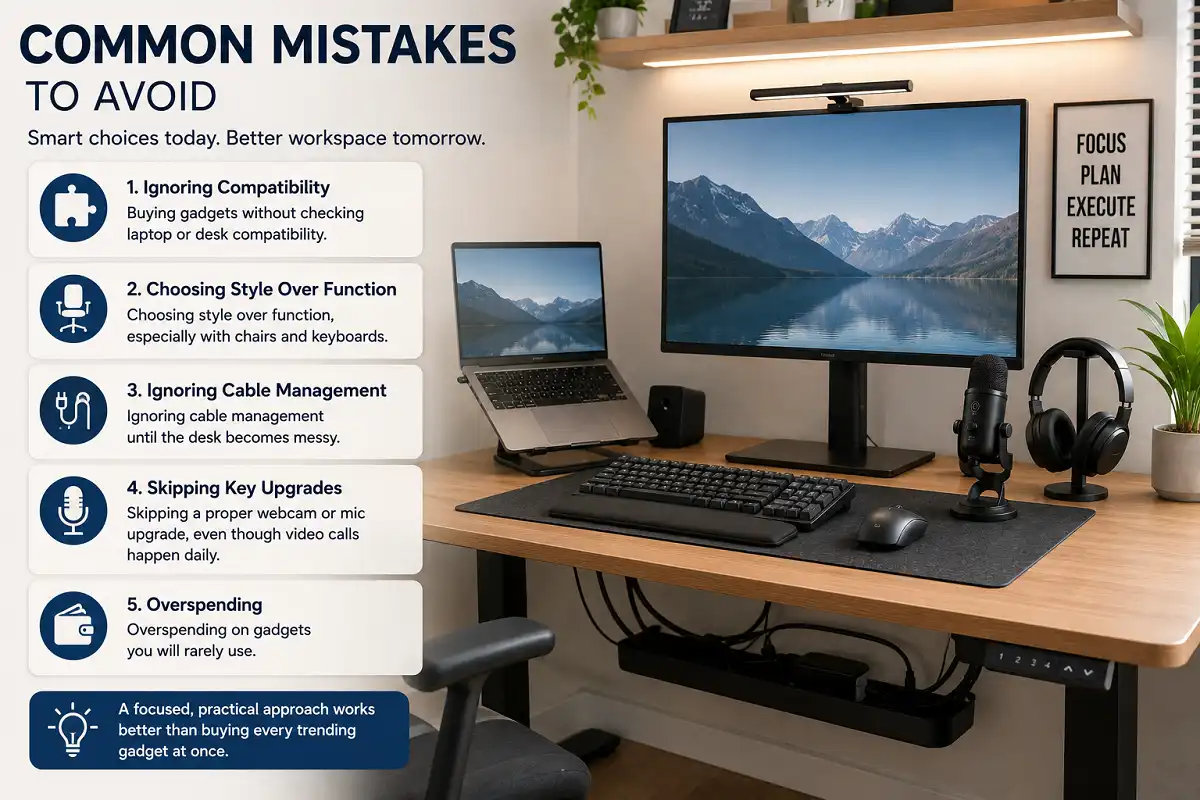 Natural modern home office showing common gadget-buying mistakes, including poor compatibility, choosing style over function, messy cables, skipping webcam and microphone upgrades, and overspending on unused tech.