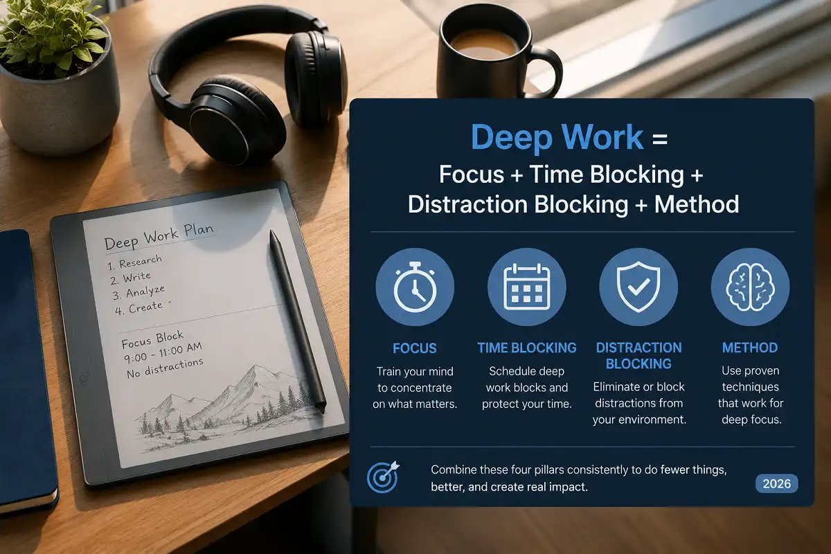 Infographic showing deep work tools and techniques for better focus in 2026