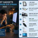 infographic of gadgets that reduce eye strain with icons and benefits