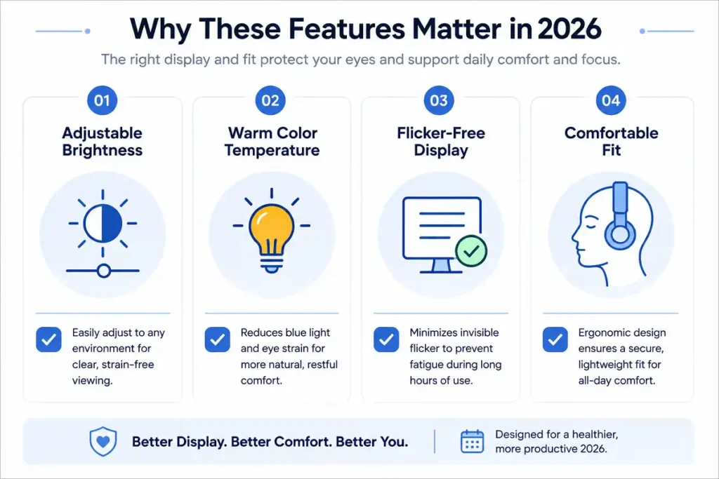 chart showing key features of gadgets that reduce eye strain