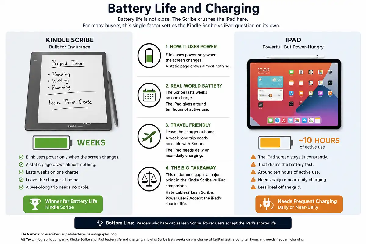Infographic comparing Kindle Scribe and iPad battery life and charging, showing the Kindle Scribe lasts for weeks on a single charge thanks to its E Ink display, while the iPad provides about 10 hours of active use and requires daily or near-daily charging, making the Scribe better for travel and extended reading.