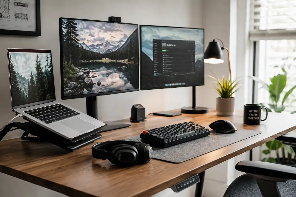 Tech gadgets for remote workers arranged on a clean modern home office desk