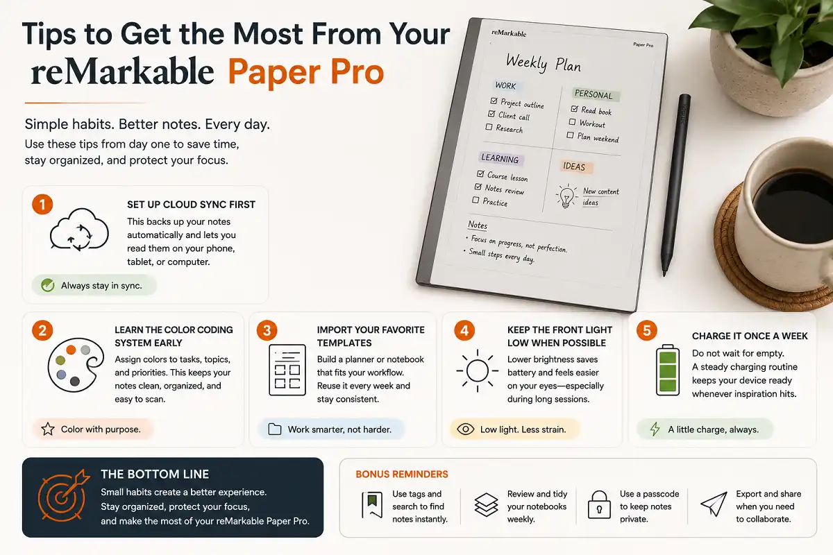 Infographic with practical tips for getting the most from the reMarkable Paper Pro, including enabling cloud sync, using a color-coding system for notes, importing reusable templates, keeping the front light at a low brightness to save battery, and following a weekly charging routine for a better note-taking experience.