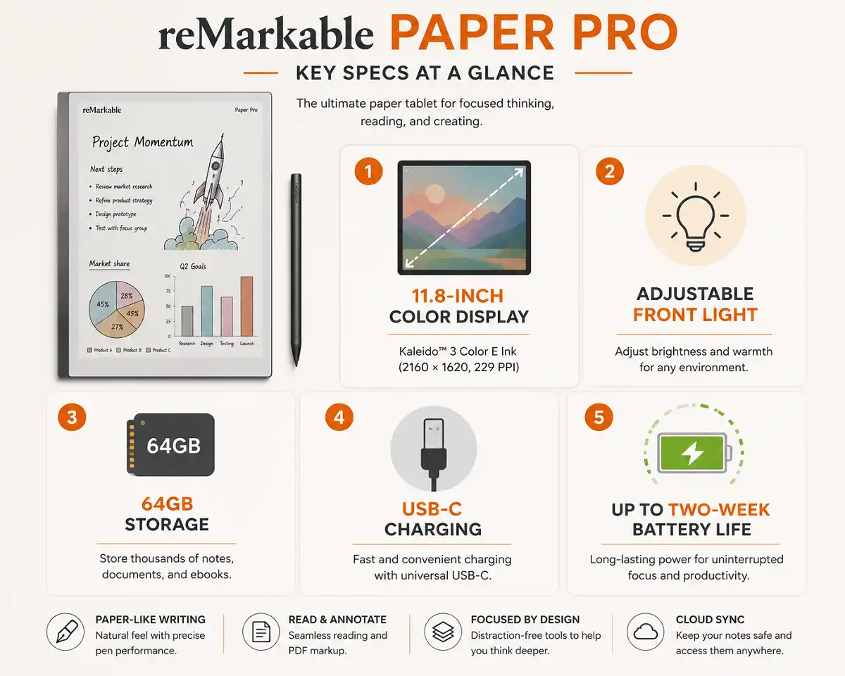 reMarkable Paper Pro review 2026 specifications infographic with display and battery details