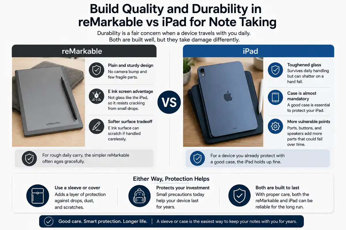 Infographic comparing the build quality and durability of reMarkable and iPad for note taking, highlighting the reMarkable's simple design and E Ink durability against minor drops, the iPad's toughened glass and need for a protective case, and recommending sleeves or covers to extend the lifespan of both devices.