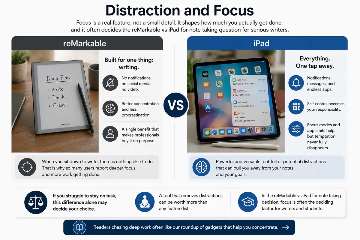 Infographic comparing reMarkable and iPad for focus during note taking, showing the reMarkable's distraction-free writing environment without notifications or social media versus the iPad's app-rich experience with notifications, focus modes, and multitasking, highlighting why writers and students often choose reMarkable for deep work.