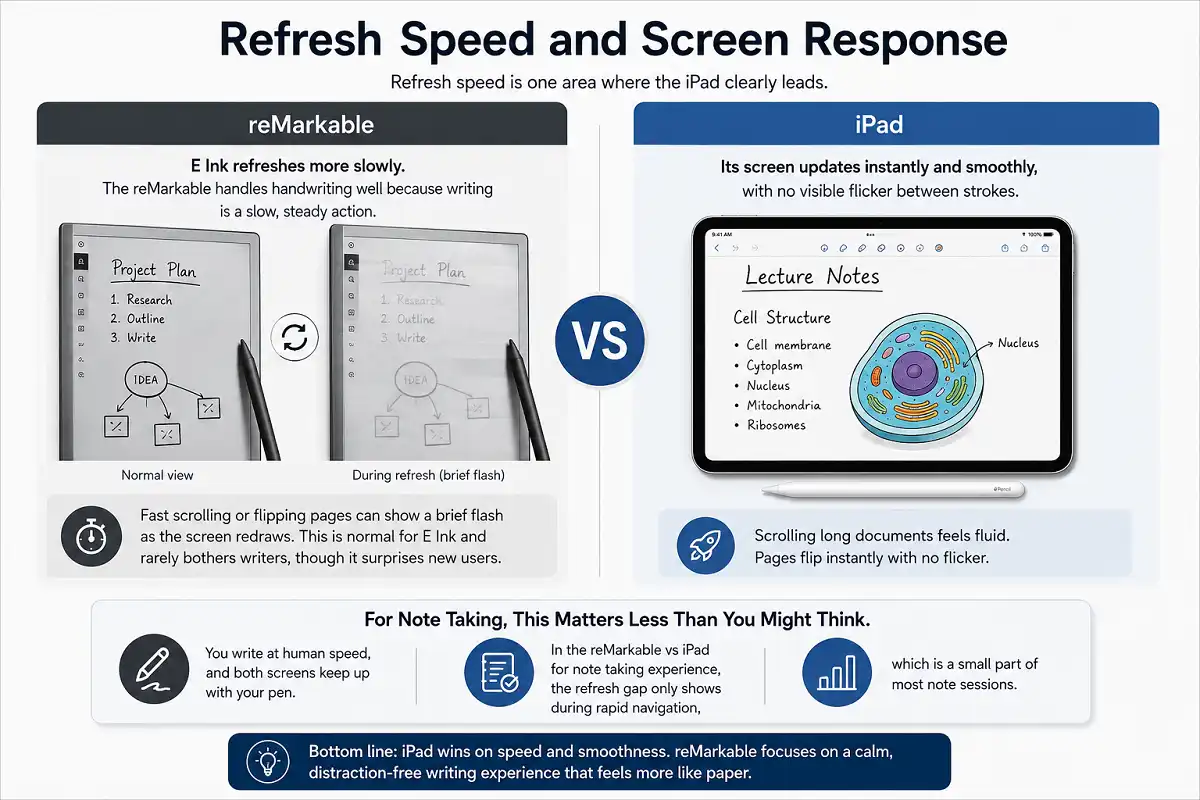 Infographic comparing reMarkable and iPad refresh speed for note taking, showing the reMarkable's E Ink screen with brief refresh flashes during navigation versus the iPad's smooth, instant display updates, while explaining that both provide responsive handwriting for everyday note-taking.