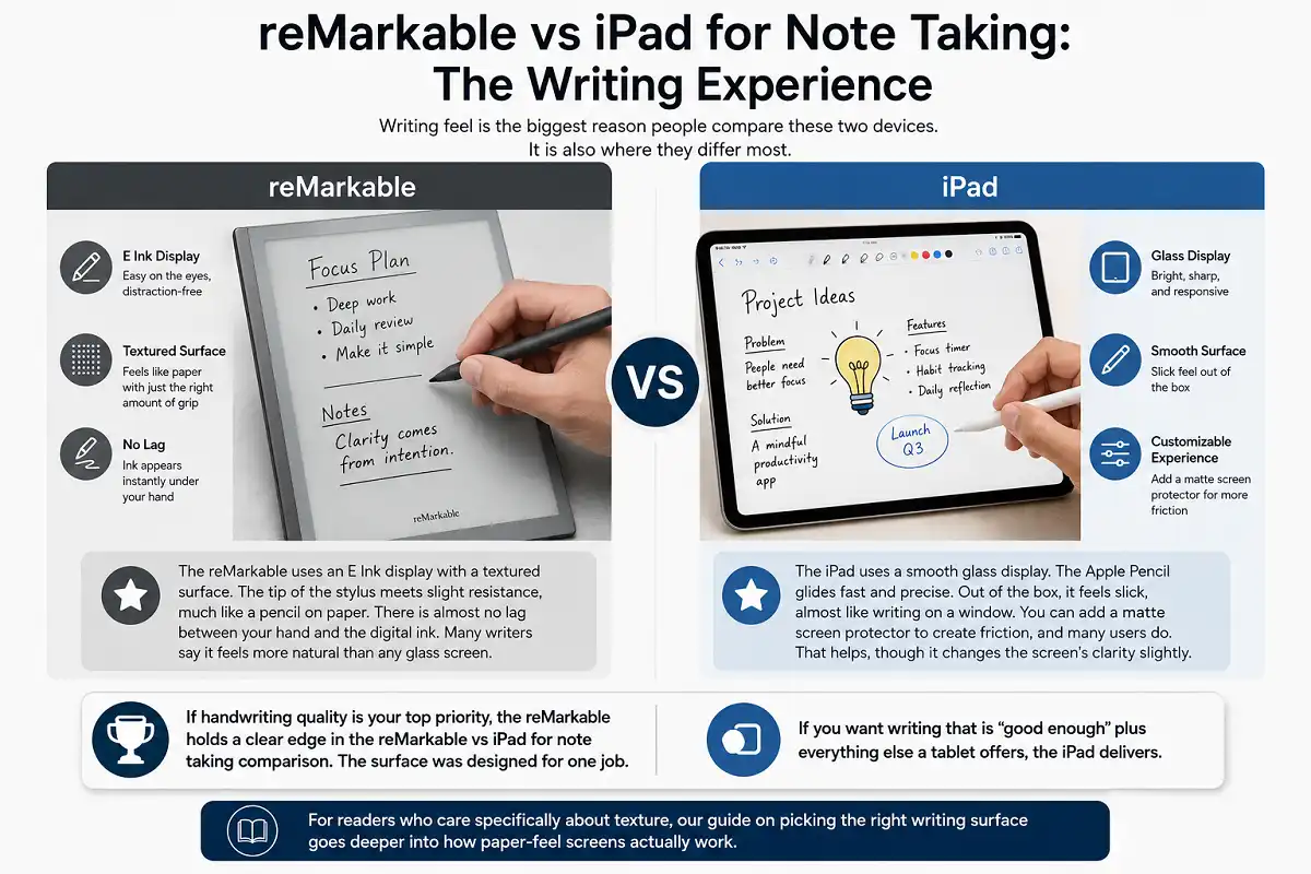 reMarkable vs iPad for Note Taking – The Writing Experience Infographic Comparison infographic of reMarkable and iPad for note taking, highlighting the paper-like E Ink writing experience of reMarkable versus the smooth Apple Pencil experience on iPad, including writing feel, responsiveness, battery life, and best use cases.