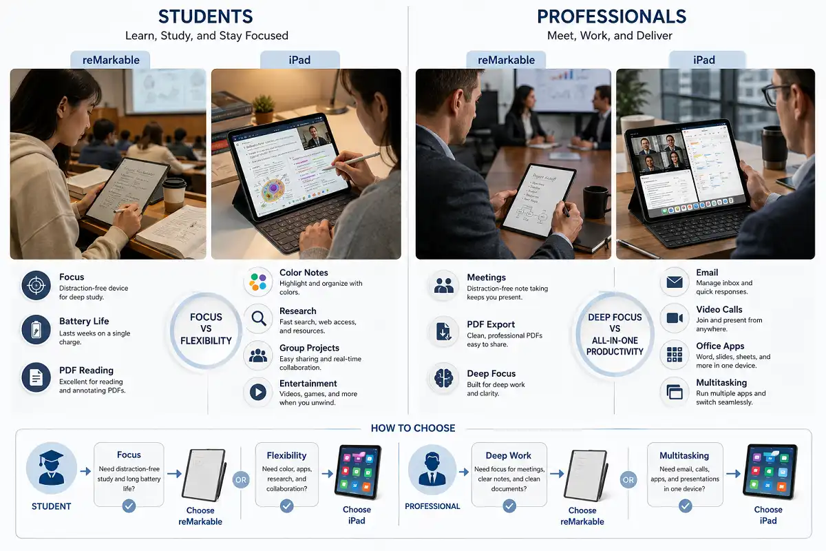 Split infographic comparing reMarkable and iPad for note taking by user type, showing students and professionals with focus, multitasking, battery life, PDF reading, collaboration, office apps, and a decision guide for choosing the best device.