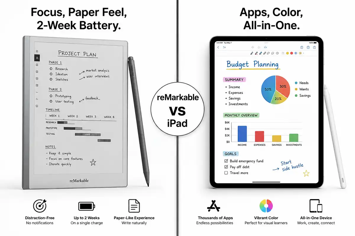 Featured comparison graphic showing reMarkable vs iPad for note taking with key differences