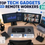 Infographic of the top tech gadgets for remote workers in 2026 on a home office desk