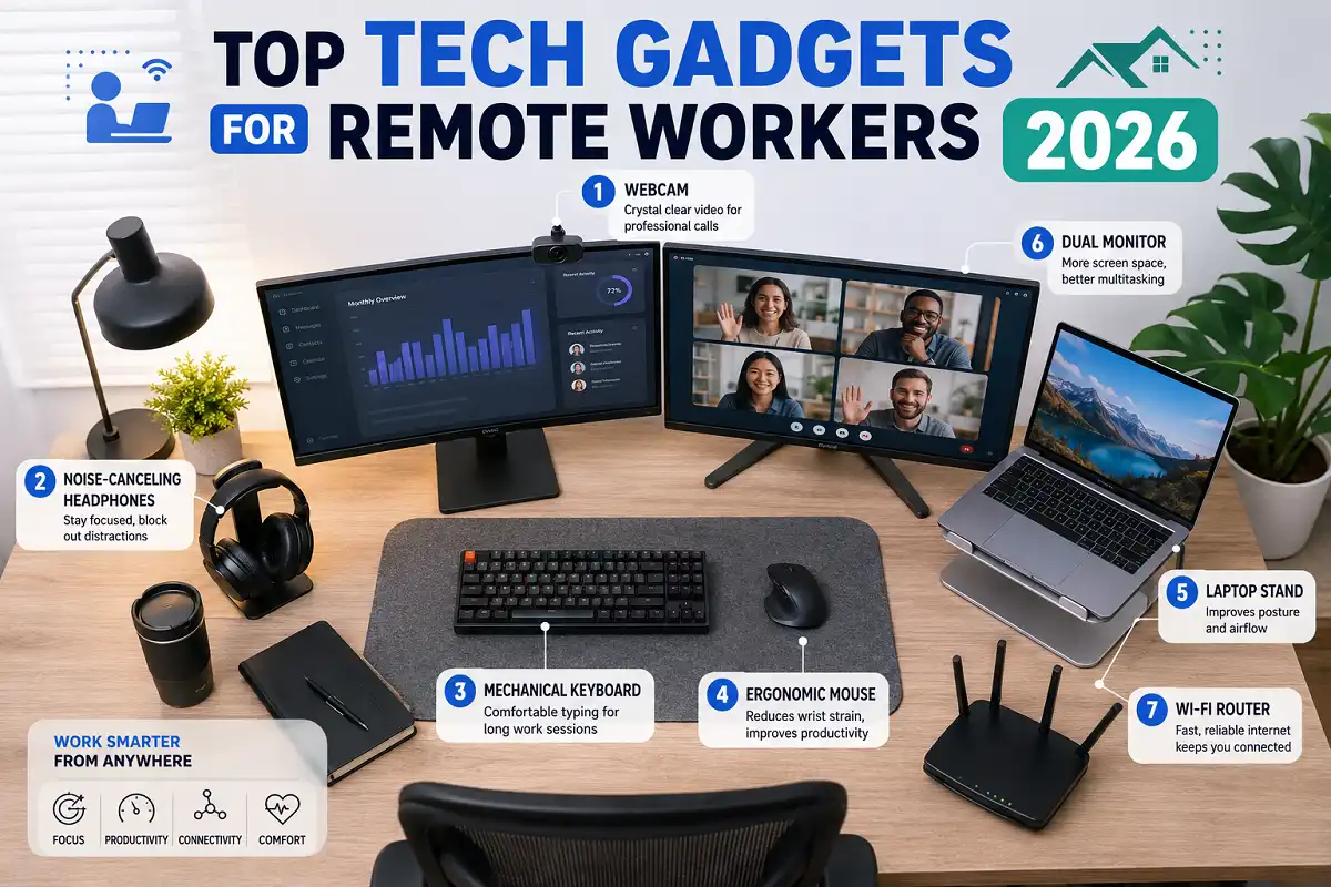 Infographic of the top tech gadgets for remote workers in 2026 on a home office desk