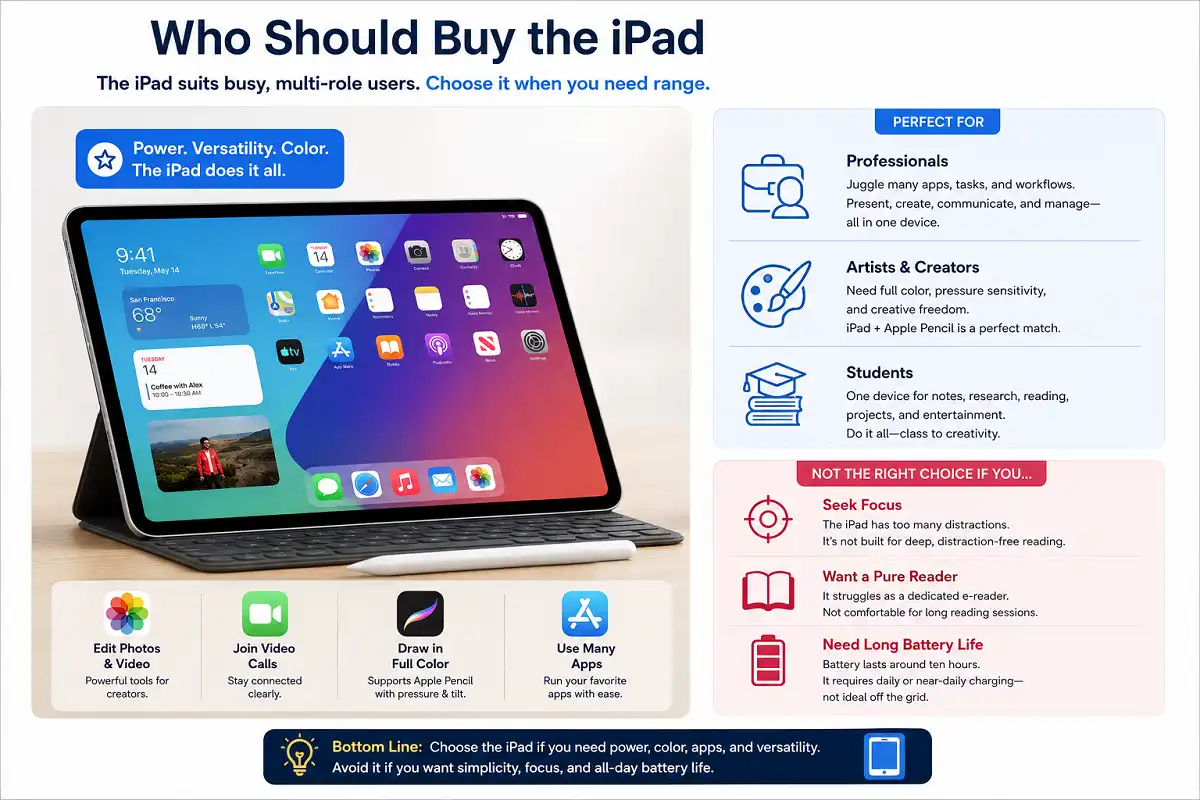 Infographic explaining who should buy an iPad, highlighting its strengths for professionals, artists, creators, and students who need photo and video editing, video calls, full-color drawing, and multitasking, while noting it is less suitable for distraction-free reading, long battery life, or users seeking a dedicated e-reader.