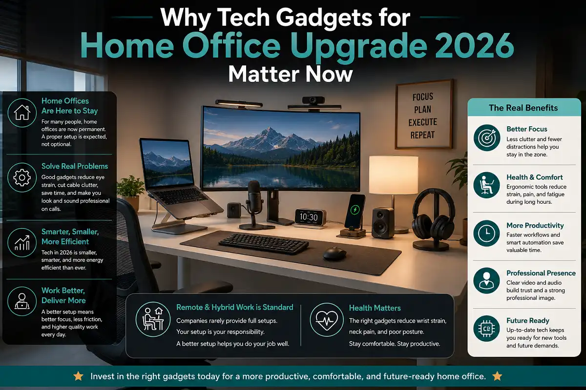 Natural modern home office setup with monitors, laptop, webcam, microphone, lighting, headphones, charging dock, and ergonomic chair, illustrating why tech upgrades in 2026 improve productivity, comfort, and remote work.